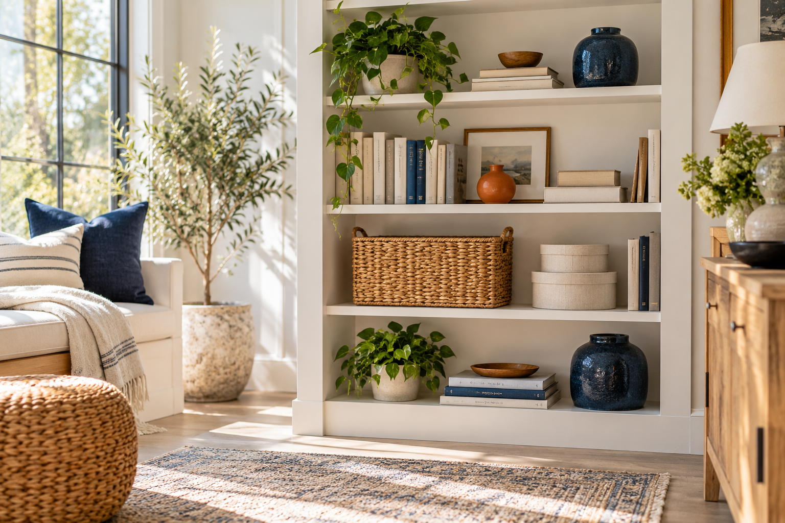A sunlit home corner with baskets, shelving, and a plant