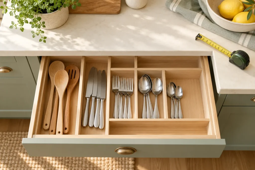 AI-created editorial scene of kitchen drawer organization and measuring; not a specific commercial organizer